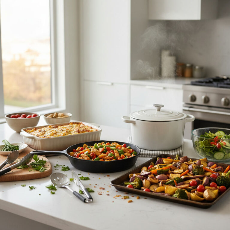 alt_text: An inviting kitchen with freshly made dinners, salads, and utensils on a softly lit countertop.