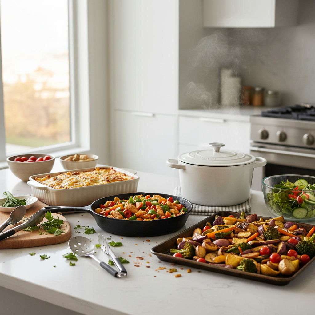 alt_text: An inviting kitchen with freshly made dinners, salads, and utensils on a softly lit countertop.